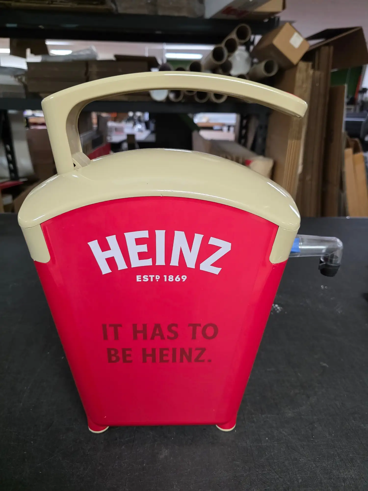 Used Keystone Used Heinz Keystone 1.5 Gallon Red Plastic Countertop Ketchup Pump Dispenser - FG9 Beverage Dispensers Illinois US | Falcon Restaurant Supply #1373534