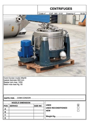 Comi-Condor ALFA/ID 600mm perforate basket centrifuge, 316SS.