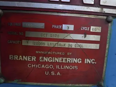 20,000 LBS X 54" X 36" BRANER HYDRAULIC COIL CAR UPENDER WITH POWER FEED CONVEYOR: YOBRO #25238