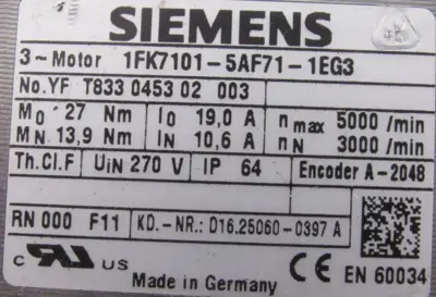 USED SIEMENS 1FK7101-5AF71-1EG3 SERVO MOTOR 1FK71015AF711EG3