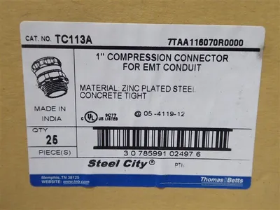 Box of 25 Steel City TC113A Zinc Plated Steel Compression Connectors 1" New NIB