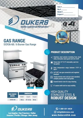 New | in-Stock Dukers New Dukers DCR36-6B 36" Gas Cooktop Range with Six (6) Open Burners Commercial Ranges Illinois US | Falcon Restaurant Supply #1376299