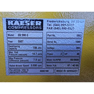 New | in-Stock KAESER COMPRESSORS EB 290 C Blowers West Virginia US | JM Industrial #1516855