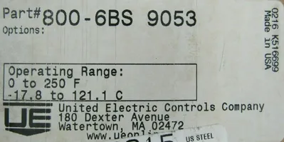 NEW UNITED ELECTRIC 800-6BS-9053 TEMP CONTROL 0-250F 8006BS9053