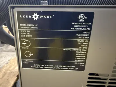 2014 20 KW AKER UNIMAX MODEL #UNIMAX 20C FORKLIFT BATTERY CHARGER: YOBRO #24145