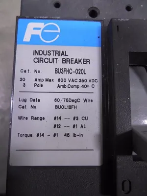 Fuji Electric BU3FHC-020L Industrial Circuit Breaker 20 Amps 600VAC Used