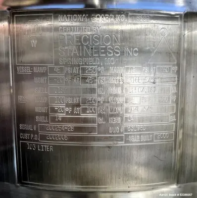 Used Vertical 316L Stainless Steel Board Rated Jacketed Tank – 103 Liter