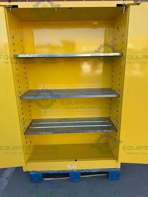 USED JUSTRITE 45 GALLON FLAMMABLE LIQUID STORAGE CABINET W/ SHELVES, KEY