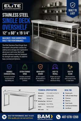 Elite Stainless Steel Single Deck Overshelf - 12" x 60" x 19 1/4"