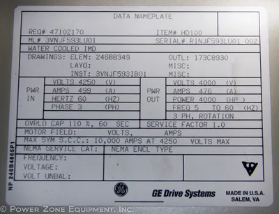 USED GENERAL ELECTRIC HD100 4000HP VFD