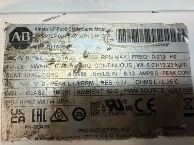 Allen Bradley VPF-B1153E Kinetix Food Grade Servo Motor (7.6.4)