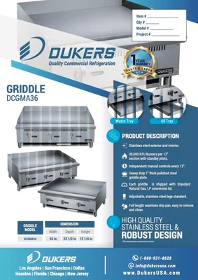 New | in-Stock Dukers New Dukers DCGMA36 36 in. W Flat Top Griddle with 3 Burners Commercial Flat Top Griddles Illinois US | Falcon Restaurant Supply #1376300