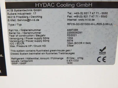 Used H.I.B. SYSTEMTECHNIK RFCS-G2-001500-W-L-R25-2-IW-UL Chillers Texas US | Aucto #1306976