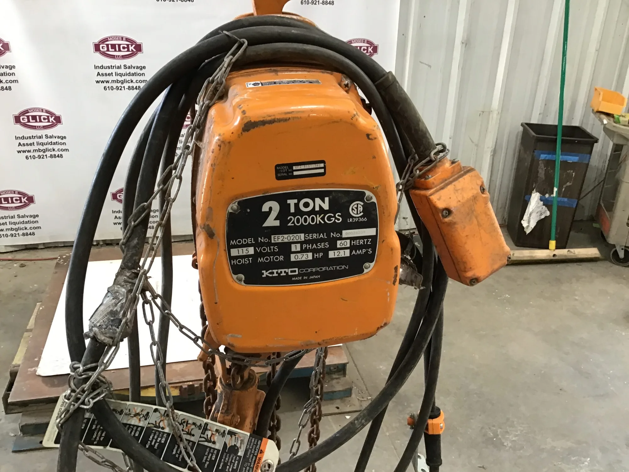 2 Ton KITO Chain Hoist EF2-020L 115V 0.73 Hoist Motor