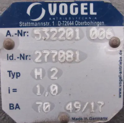 NEW VOGEL 532201-006 GEAR BOX 1:1 H2 277081 532201006