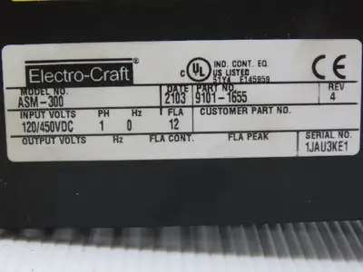 Electro-Craft ASM-300 9101-1655 BRU- Series 120/450VDC 1PH 2013 Model