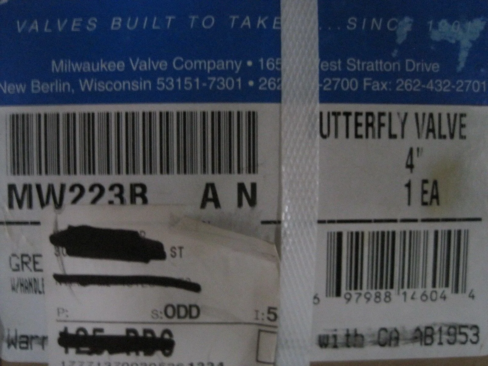 NEW MILWAUKEE VALVE COMPANY MW223B AN 4" BUTTERFLY VALVE