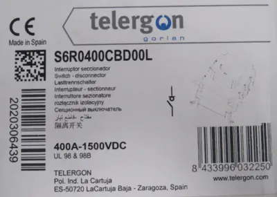NEW TELERGON S6R0400CBD00L DC SWITCH 400A 1500VDC