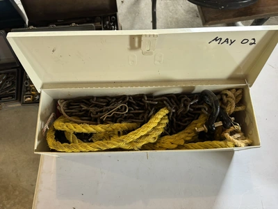 Lot of assorted ropes, chains, and case.