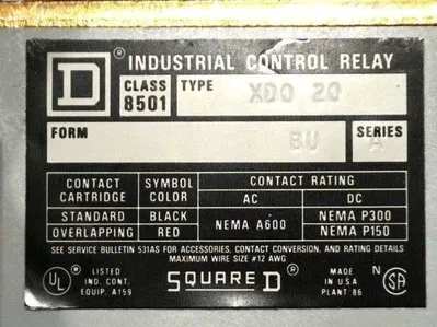 NEW SQUARE D 8501-XDO-20 CONTROL RELAY SER.A 8501XDO20