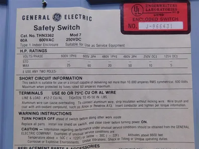 General Electric THN3362 Safety Switch 60A 600VAC 250VDC Mod 7 60 HP 1/3Ph New