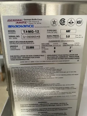 182-0005 Radiance TAMG12 Natural Gas Countertop Flat Griddle