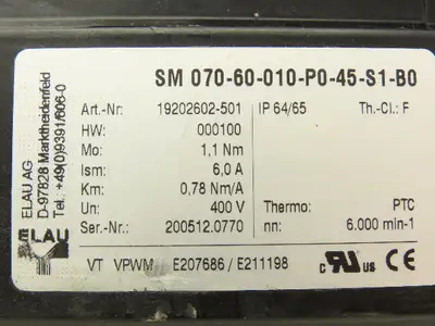 Elau SM 07060010P045S1B0 AC Servo Motor 6000rpm 400V w/10:1 Gearbox 16mm Shaft