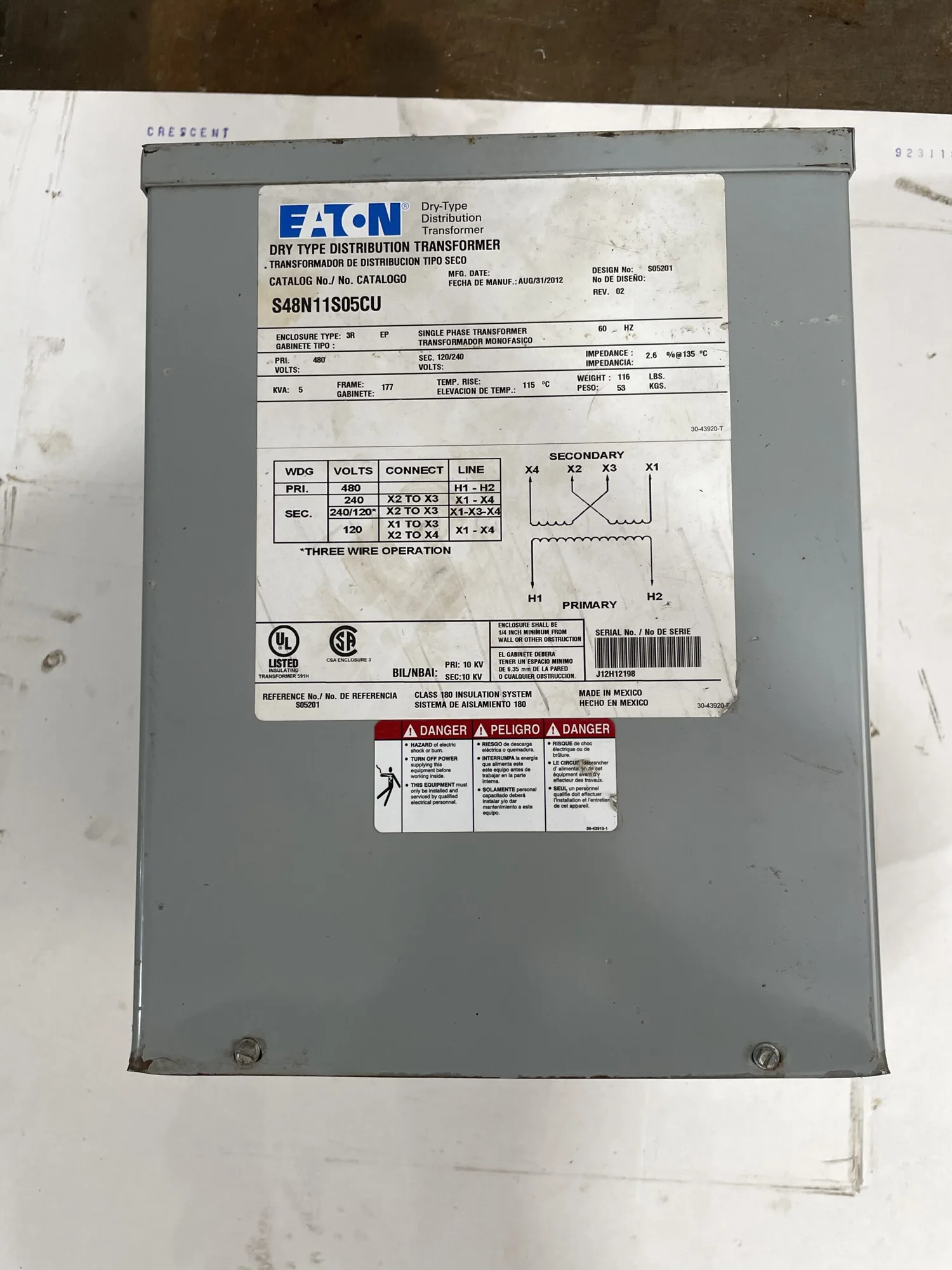 Eaton S48N11S05CU 5KVA Transformer 480V 120/240V 60Hz