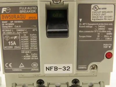 Fuji BW50RAGU3P015 3-Pole Auto Circuit Breaker 15A 500V 3Ph Molded Case Lot of 3