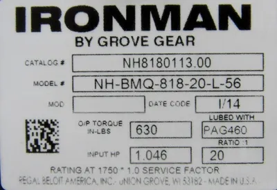 NEW GROVE GEAR NH8180113.00 GEAR REDUCER RATIO 20:1 NH-BMQ-818-20-L-56 NH8180113