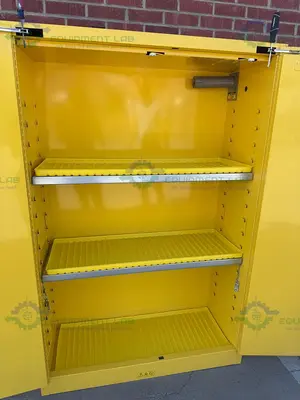 USED JUSTRITE 45 GALLON FLAMMABLE LIQUID STORAGE CABINET W/ SOFT CLOSE DOORS, KEY