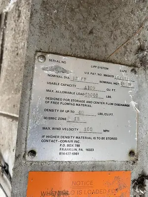 Tank, 11,000 Gallon, 12' Diameter x 24' High, Spiral Aluminum, Vertical Cone Bottom, Conair, Silo, #5991771