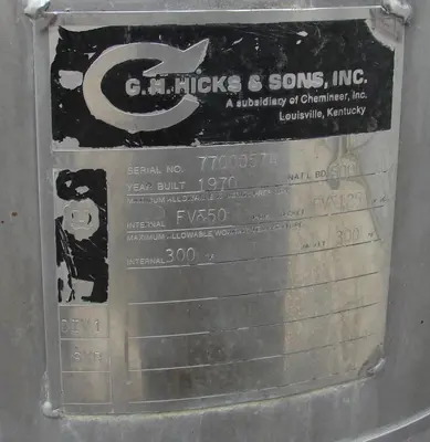SPC4818  Reactor 50 gallon HC Hicks & Sons chemical reactor, 50 psi internal, 125 psi jacket, 3/4 hp agitator