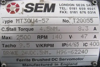 REFURBISHED SEM MT30U4-57 SERVO MOTOR MT30U457