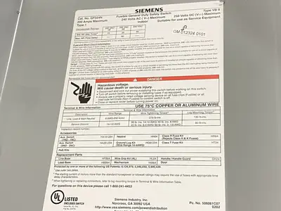 USED SIEMENS GENERAL DUTY SAFETY SWITCH 200A 240VAC 250VDC 60HP