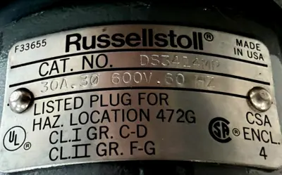 NEW RUSSELLSTOLL DS3414MP MAX-GARD MALE PLUG 30A 600V