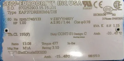 NEW SEW EURODRIVE KAF37DRE80M4/DH GEAR MOTOR KAF37DRE80M4DH