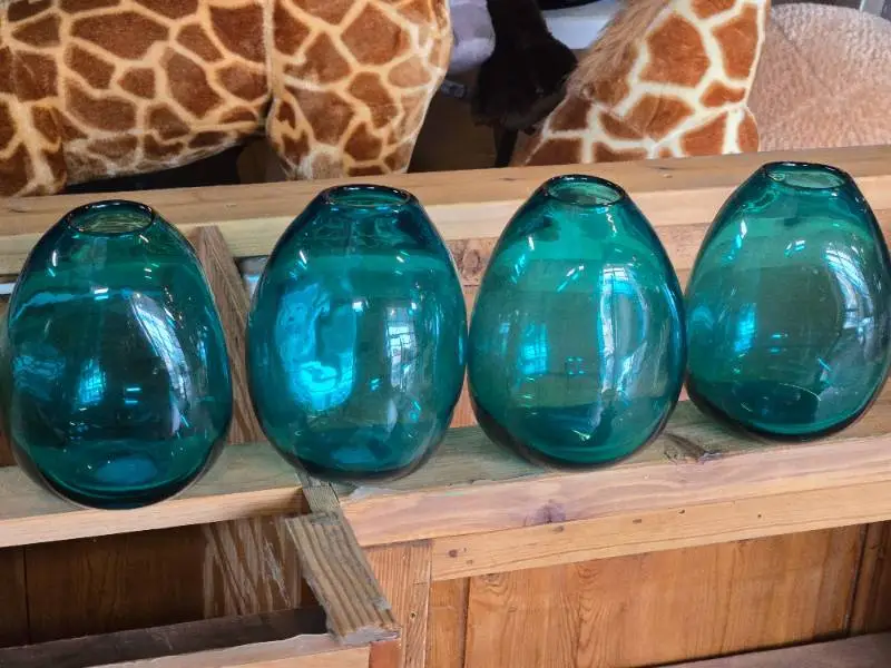 Lot of (4) Handblown Art Glass Table Vases by Holmegaard 6" x 7" (blue) (rounded triangle)