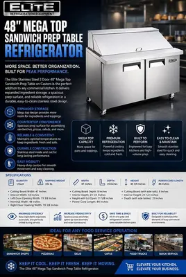 Elite Stainless Steel 2 Door 48" Mega Top Sandwich Prep Table on Castors