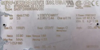 NEW SEW EURODRIVE SA57 DRE80M4/DH GEAR MOTOR 10.80:1 SA67DRE80M4DH