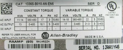 REFURBISHED ALLEN BRADLEY 1336S-B010-AN-EN6 AC DRIVE SER.D 1336SB010ANEN6