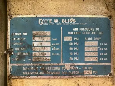 Used E.W. Bliss 75 ton OBI Punch Press