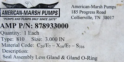NEW AMERICAN MARSH PUMPS 878933000 SEAL KIT TYPE 810 3"