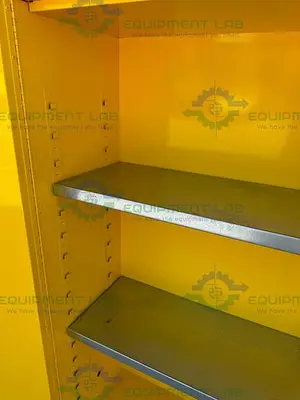 USED JUSTRITE 45 GALLON FLAMMABLE LIQUID STORAGE CABINET W/ SOFT CLOSE DOORS, KEY