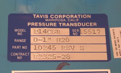 NEW TAVIS CORP. MODEL: P14CSR PRESSURE TRANDUCER 10245 REV. E, 0-1'' H20