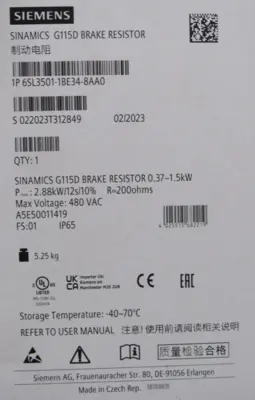 NEW SIEMENS 6SL3501-1BE34-8AA0 BRAKE RESISTOR 6SL35011BE348AA0