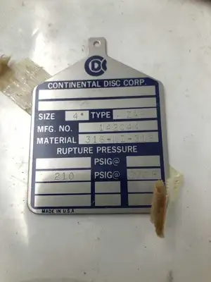 Continental Disc Corp. 142044 4″ 316SS/NI Rupture Disc 210PSIG 200°F -NIB