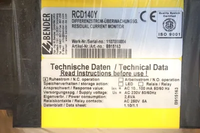 NEW BENDER RCD140Y RESIDUAL CURRENT MONITOR