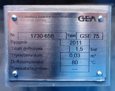 Westfalia GSE 75-06-177 Hydrostop beer clarifier centrifuge, 316SS.