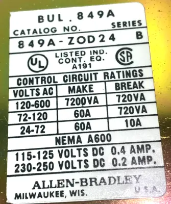 ALLEN BRADLEY 849A-ZOD24 PNEUMATIC TIMING RELAY 849AZOD24 NEW, SURPLUS